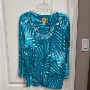 Ruby Rd. Turquoise Palm Print Long Sleeve Top